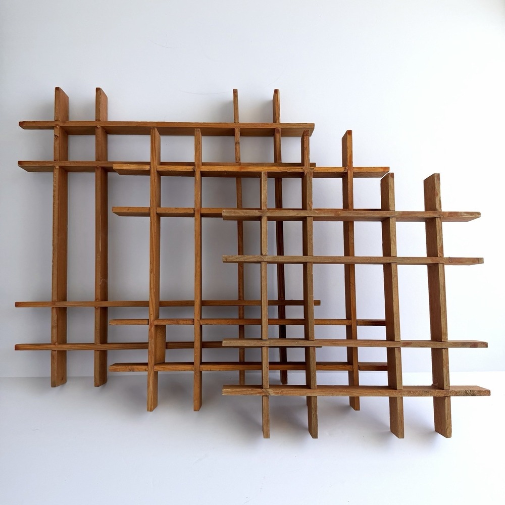 3pc VTG‎ Mcm Curio Shelves Funny Knick Knack Display Handmade Wood Grid Set